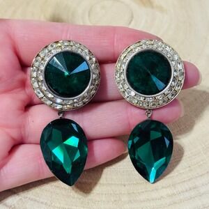 VTG Green Austrian Crystal rivoli Earrings Jeweled chunky Flashy Dangle clip 80s